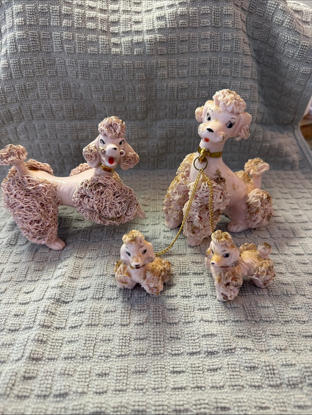 Vintage Pink spaghetti Ceramic Poodle Figurine Set